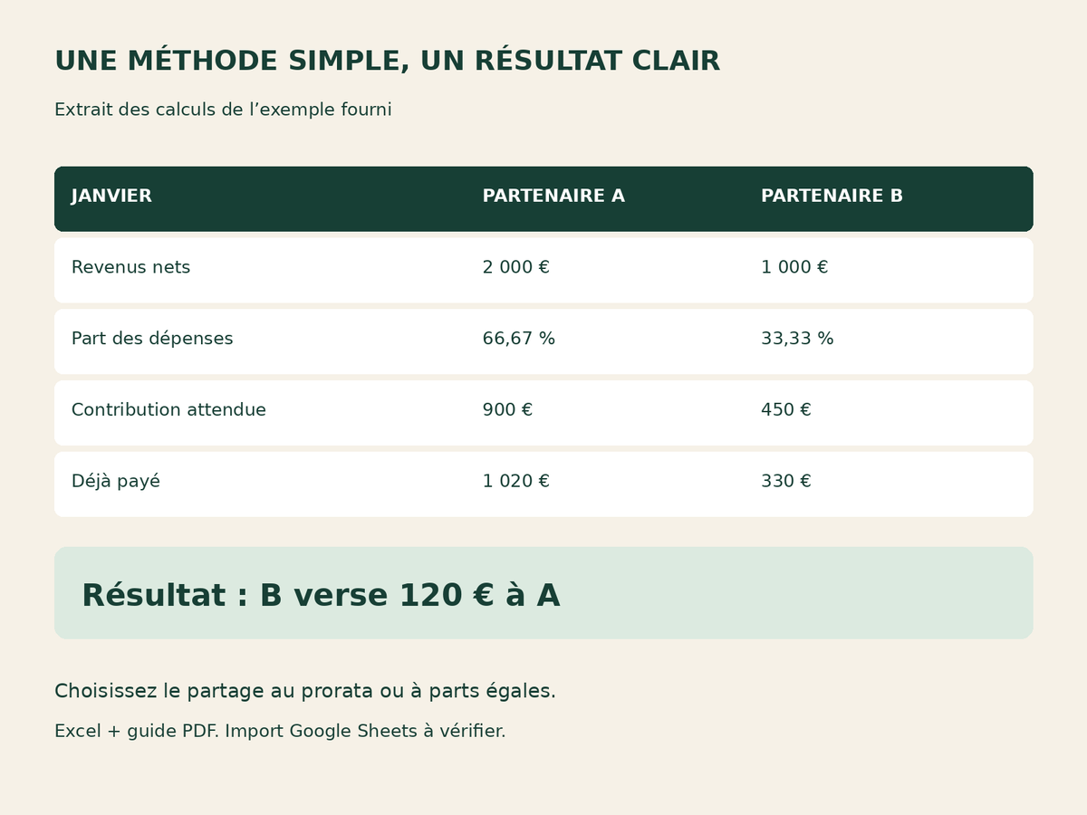 Exemple au prorata : revenus de 2 000 et 1 000 euros, B rembourse 120 euros à A