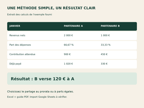 Exemple au prorata : revenus de 2 000 et 1 000 euros, B rembourse 120 euros à A