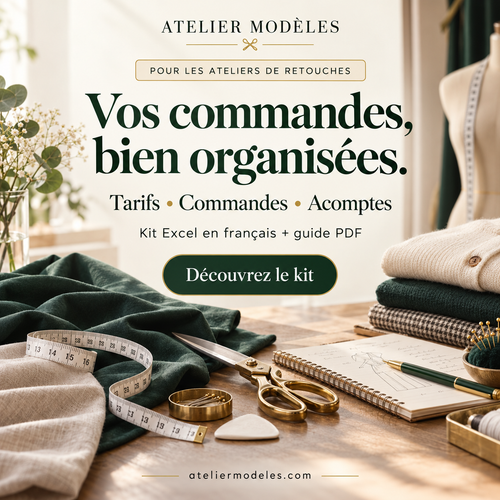 Kit Excel en français pour ateliers de retouches : tarifs, commandes et acomptes, avec guide PDF.