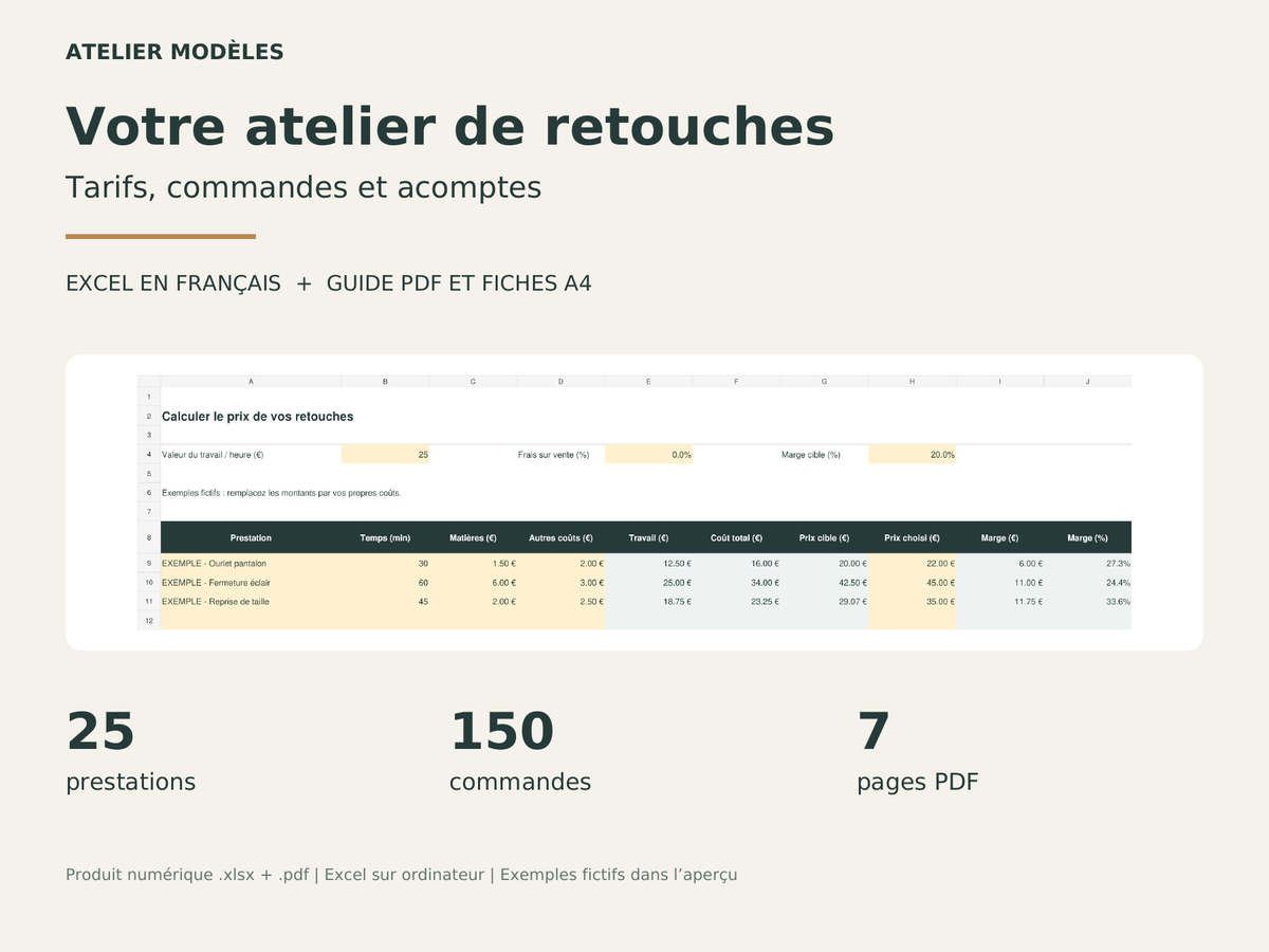 Kit Excel pour atelier de retouches : tarifs, commandes et acomptes
